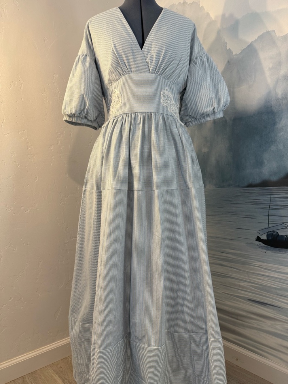 Striped Light Blue Puff-Sleeve Maxi Dress with Embroidered Waist #166
